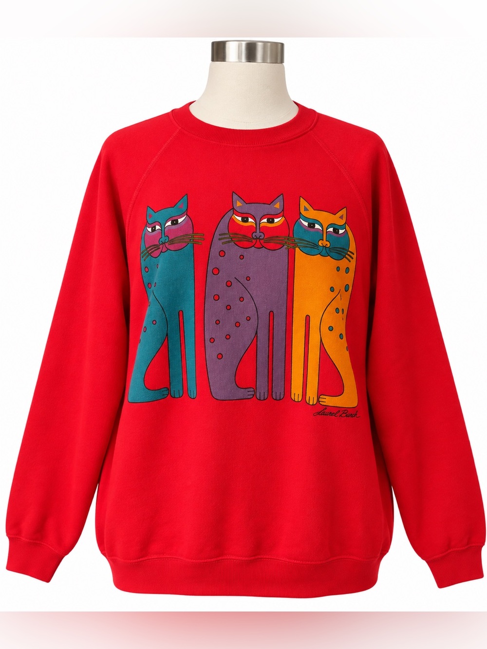 Vintage Laurel Burch Colorful Cats Red Sweatshirt XL Made in USA